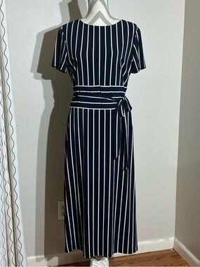 Lauren Ralph Lauren 14 Navy and White Vertical-Stripe Tie-Waist Dress